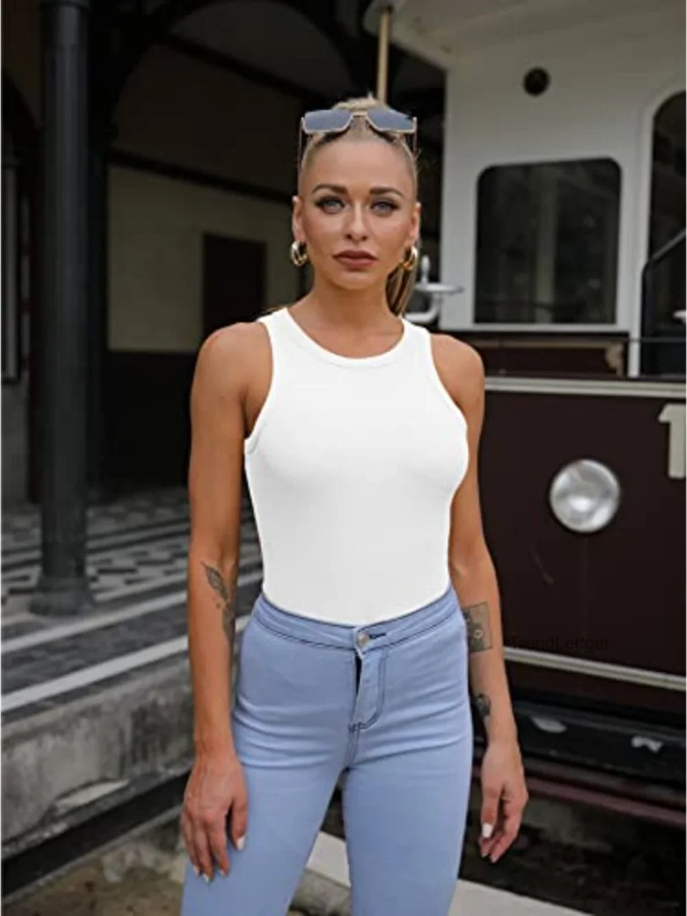Sleeveless Ribbed Knit Tank Top Slim Fit High Neck Racerback Summer Basic Cami